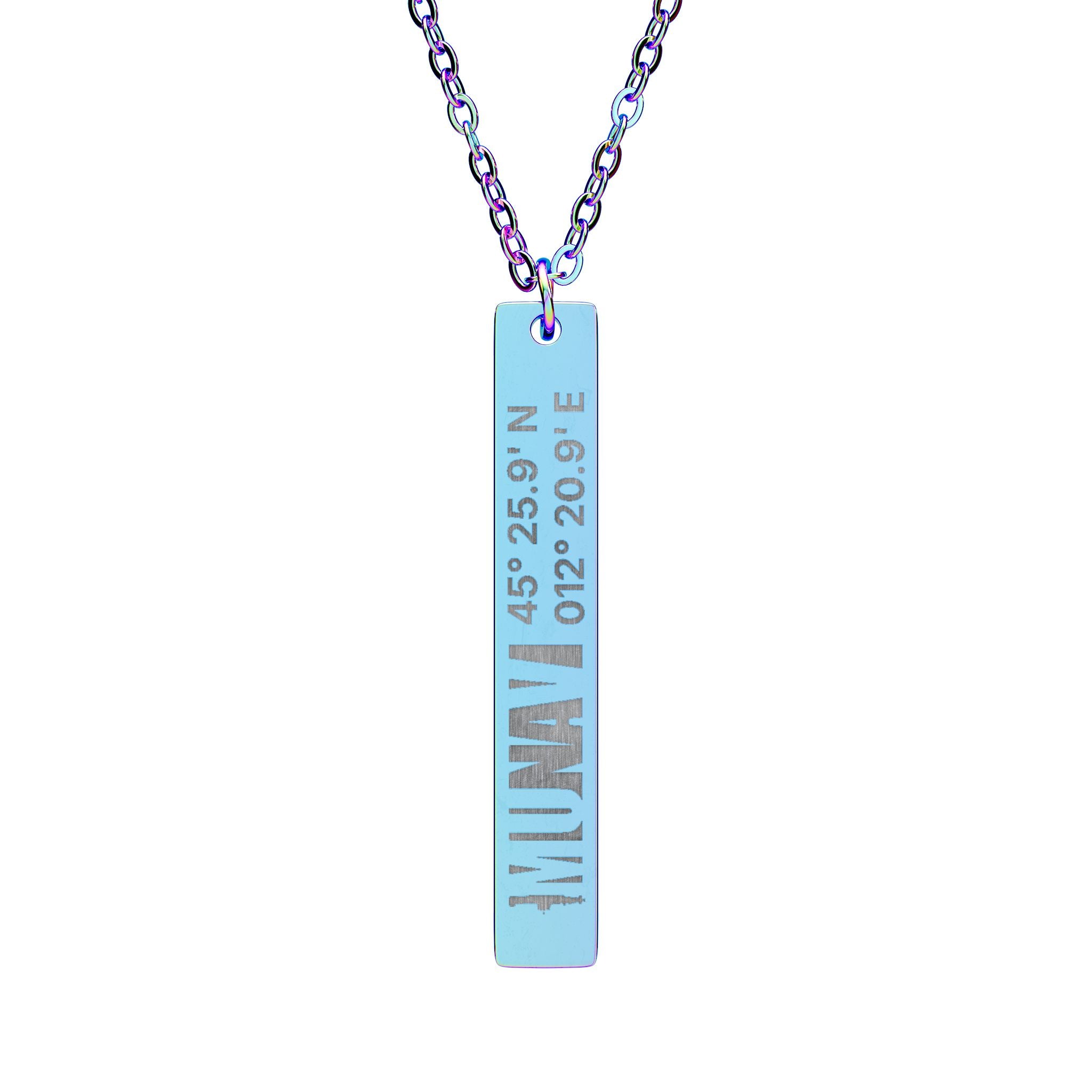 Vertical Necklace with coordinates | A slim, engraved vertical bar necklace with MUNAV position
