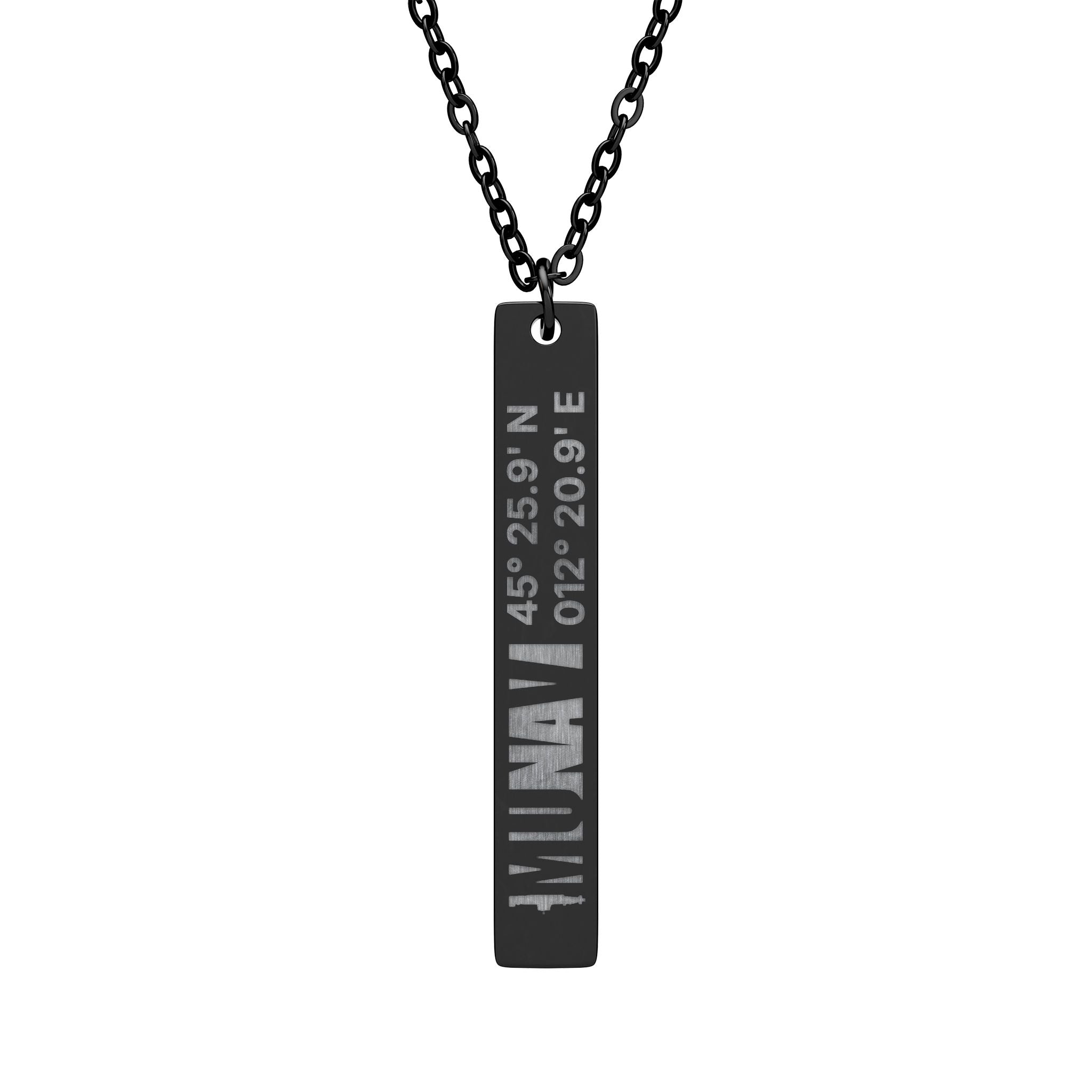 Vertical Necklace with coordinates | A slim, engraved vertical bar necklace with MUNAV position