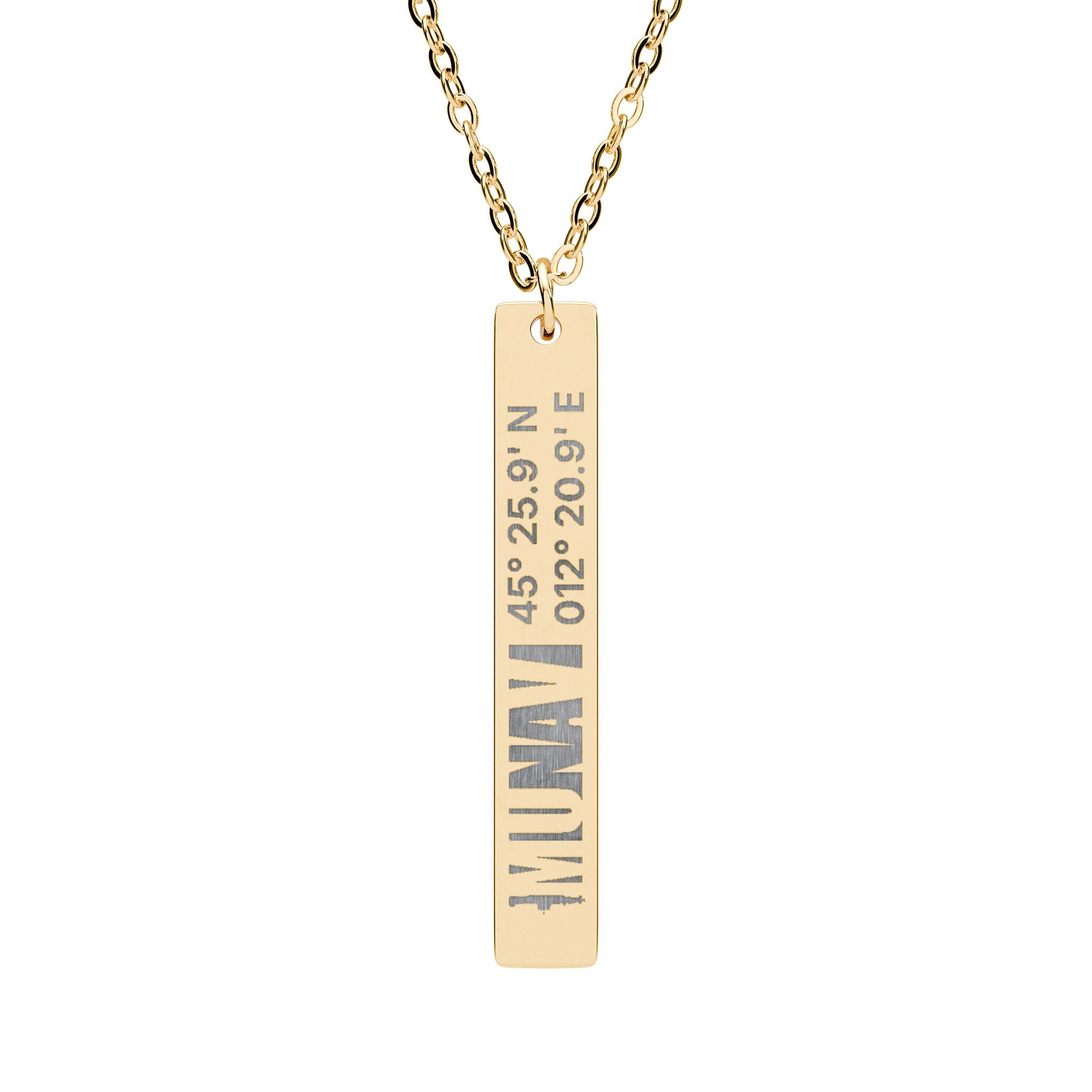 Vertical Necklace with coordinates | A slim, engraved vertical bar necklace with MUNAV position