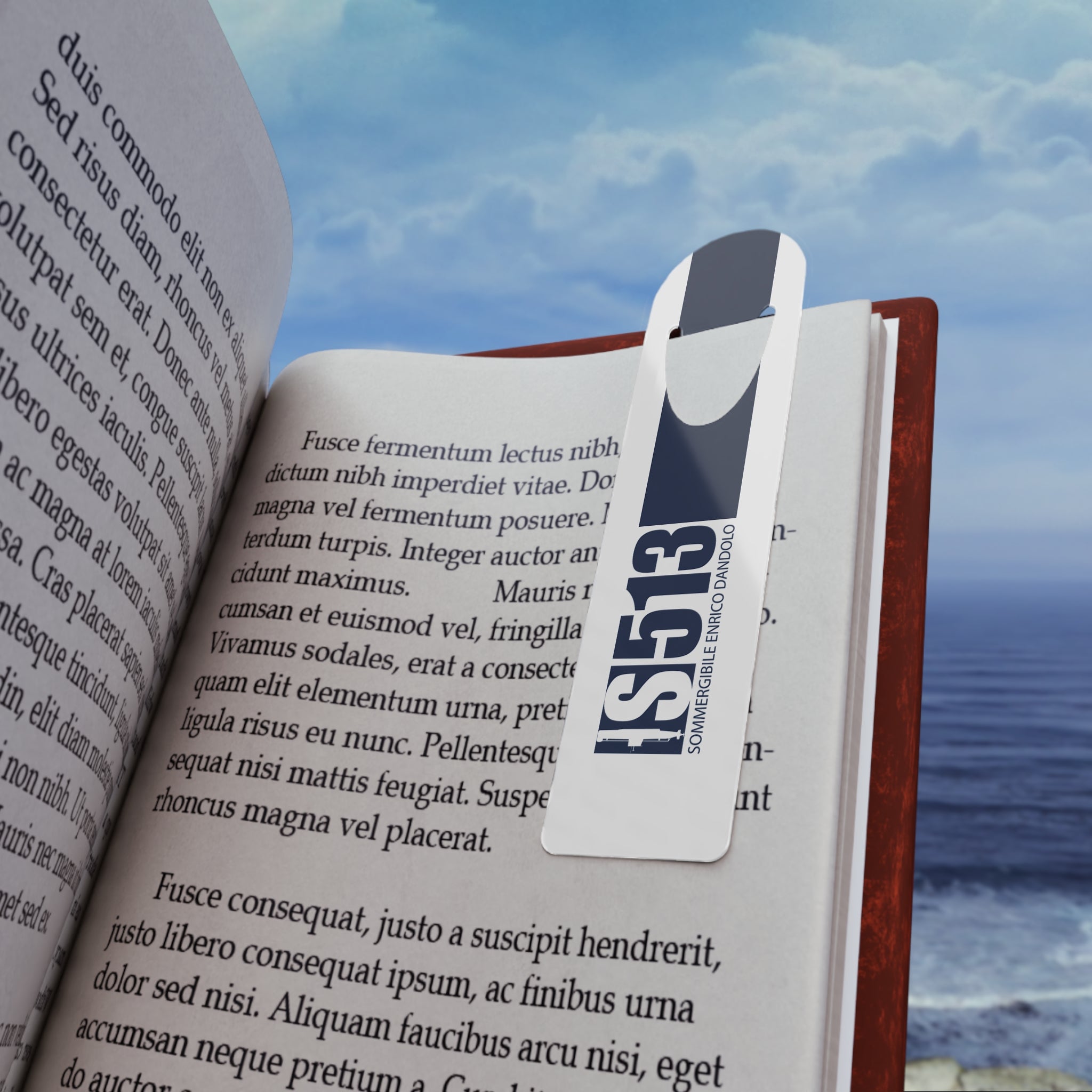 DANDOLO BOOKMARK | White bookmark with navy Dandolo Submarine code