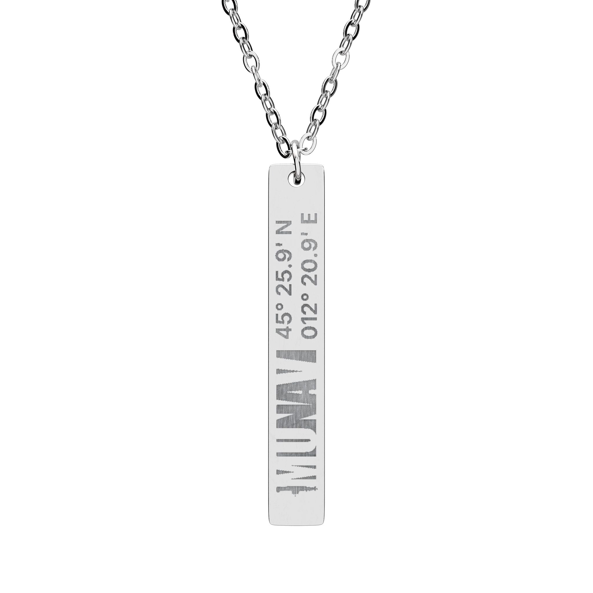 Vertical Necklace with coordinates | A slim, engraved vertical bar necklace with MUNAV position