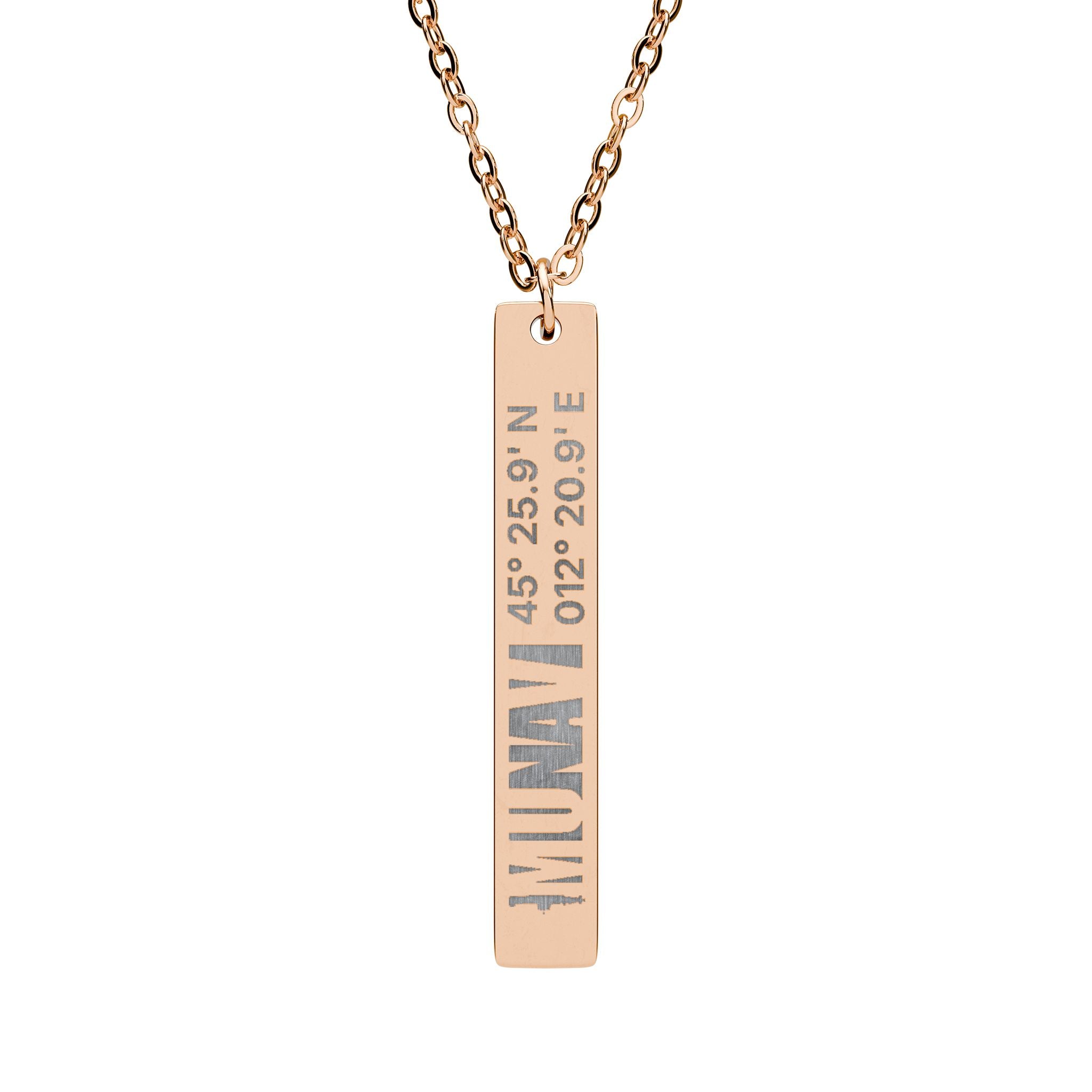 Vertical Necklace with coordinates | A slim, engraved vertical bar necklace with MUNAV position